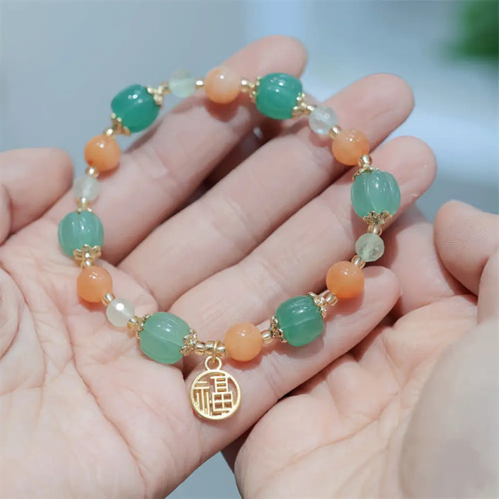 BWOOOH Natural Golden Silk Jade Pumpkin Bead Fu Character Charm Wealth Bracelet - BWOOOH - Golden Silk Jade(Ward