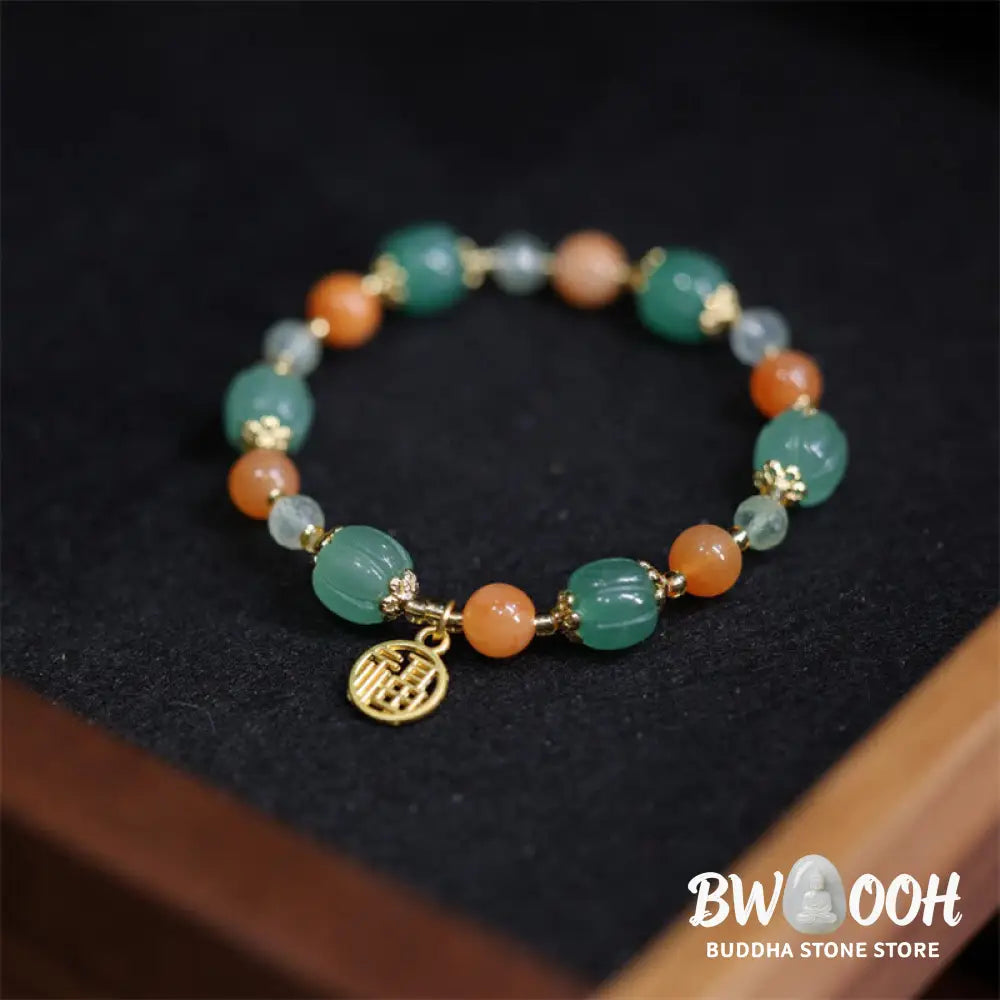 Buddha Stones Natural Golden Silk Jade Pumpkin Bead Fu Character Charm Wealth Bracelet - BWOOOH - Golden Silk Jade(Ward