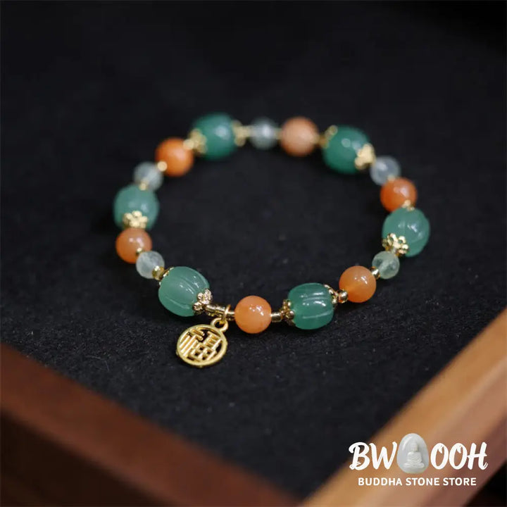 Buddha Stones Natural Golden Silk Jade Pumpkin Bead Fu Character Charm Wealth Bracelet - BWOOOH - Golden Silk Jade(Ward