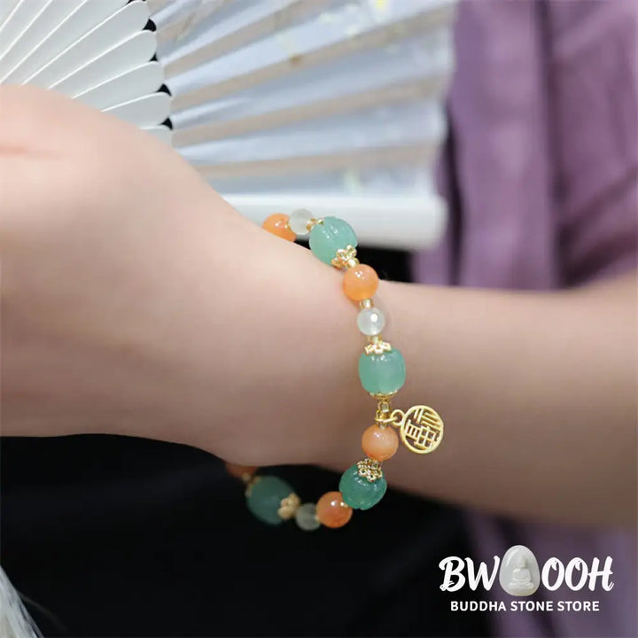 Buddha Stones Natural Golden Silk Jade Pumpkin Bead Fu Character Charm Wealth Bracelet - BWOOOH - Golden Silk Jade(Ward
