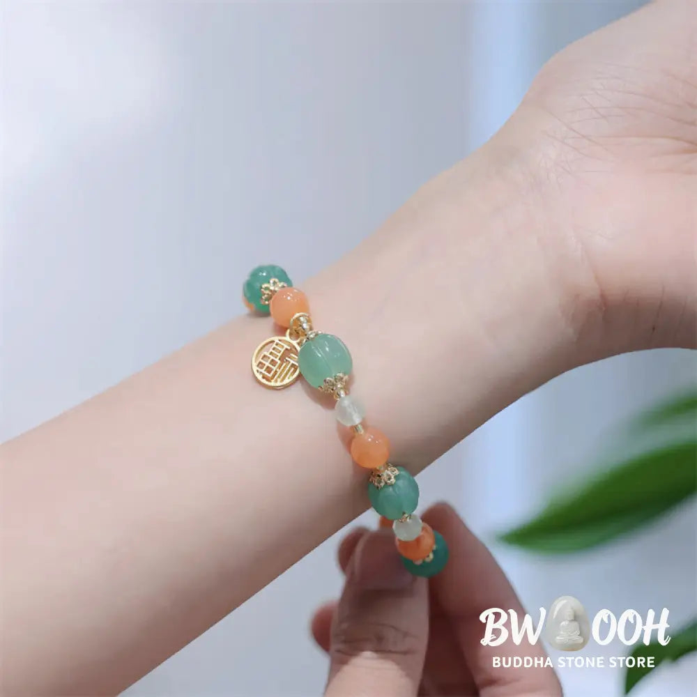 Buddha Stones Natural Golden Silk Jade Pumpkin Bead Fu Character Charm Wealth Bracelet - BWOOOH - Golden Silk Jade(Ward