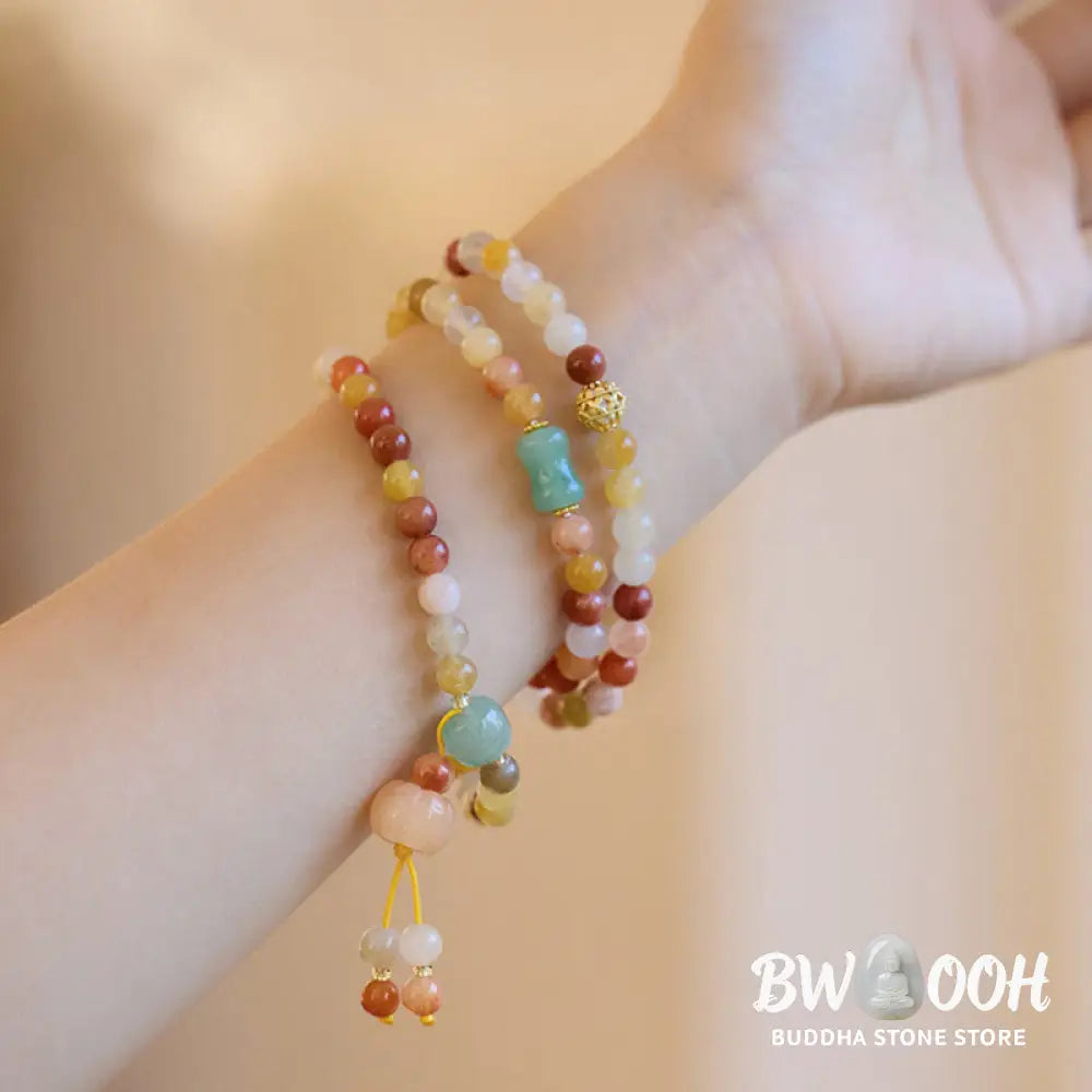 Buddha Stones Natural Golden Silk Jade Pumpkin Charm Wealth Luck Triple Wrap Bracelet - BWOOOH - Golden Silk Jade(Ward