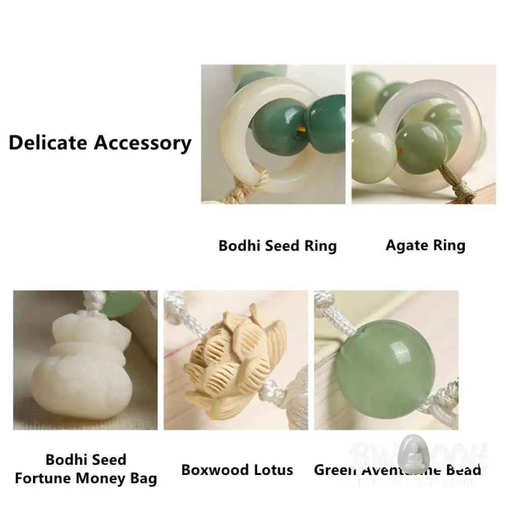 BWOOOH Natural Gradient Bodhi Seed Fortune Money Bag Lotus Wisdom Tassel Wrist Mala featuring 12mm dark-speckled bodhi seeds, boxwood, agate, and green aventurine; a handcrafted spiritual meditation bracelet for wisdom and calm. - View 8