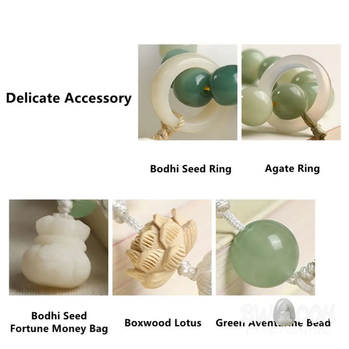 BWOOOH Natural Gradient Bodhi Seed Fortune Money Bag Lotus Wisdom Tassel Wrist Mala featuring 12mm dark-speckled bodhi seeds, boxwood, agate, and green aventurine; a handcrafted spiritual meditation bracelet for wisdom and calm. - View 8