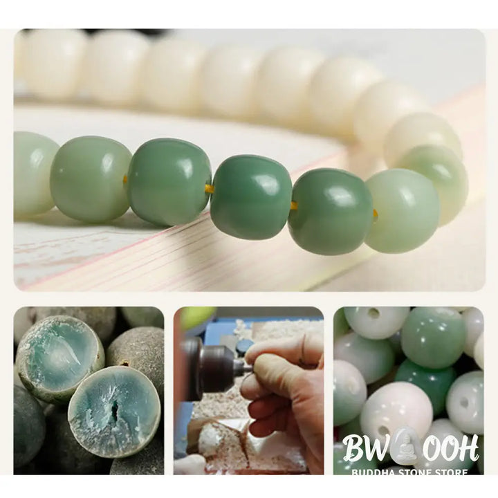 BWOOOH Natural Gradient Bodhi Seed Fortune Money Bag Lotus Wisdom Tassel Wrist Mala featuring 12mm dark-speckled bodhi seeds, boxwood, agate, and green aventurine; a handcrafted spiritual meditation bracelet for wisdom and calm. - View 20