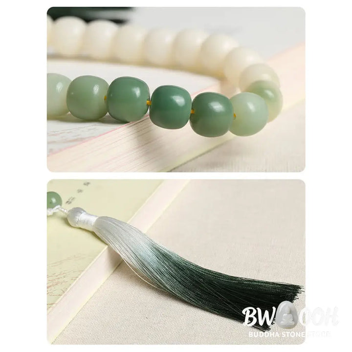 BWOOOH Natural Gradient Bodhi Seed Fortune Money Bag Lotus Wisdom Tassel Wrist Mala featuring 12mm dark-speckled bodhi seeds, boxwood, agate, and green aventurine; a handcrafted spiritual meditation bracelet for wisdom and calm. - View 7