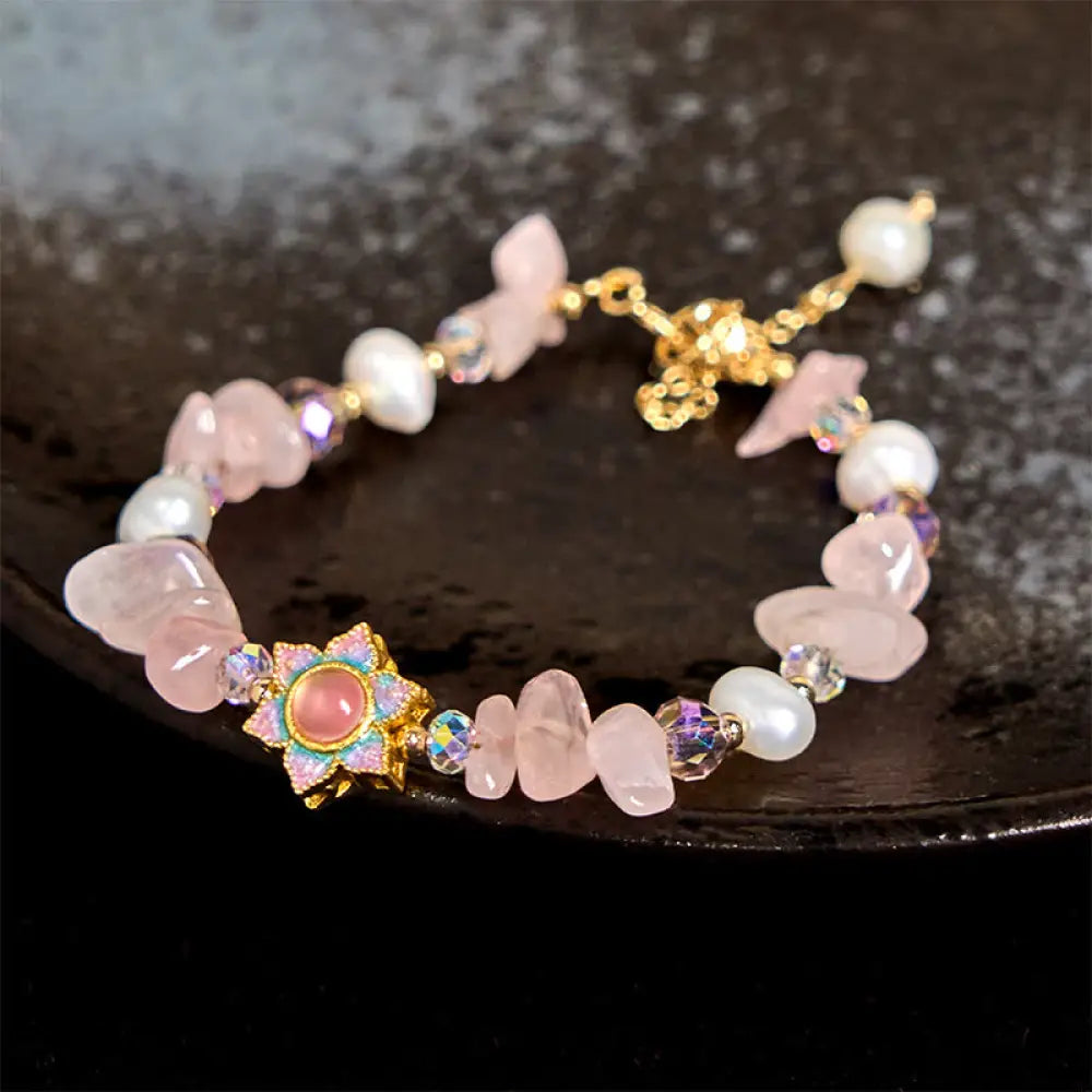 BWOOOH Natural Gravel Rose Quartz Flower Pearl Healing Bracelet — Rose Quartz crystal healing bracelet for spiritual heali...