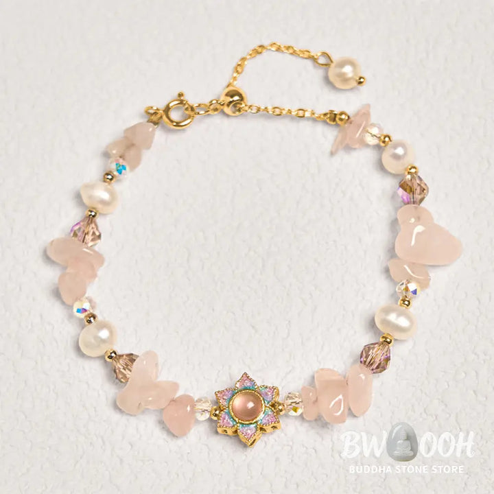 Buddha Stones Natural Gravel Rose Quartz Flower Pearl Healing Bracelet - BWOOOH - Rose Quartz(Wrist Circumference: