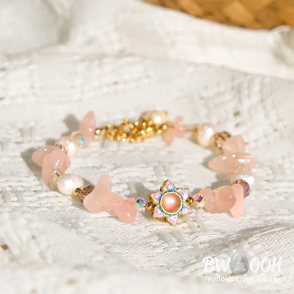 Buddha Stones Natural Gravel Rose Quartz Flower Pearl Healing Bracelet - BWOOOH - Rose Quartz(Wrist Circumference: