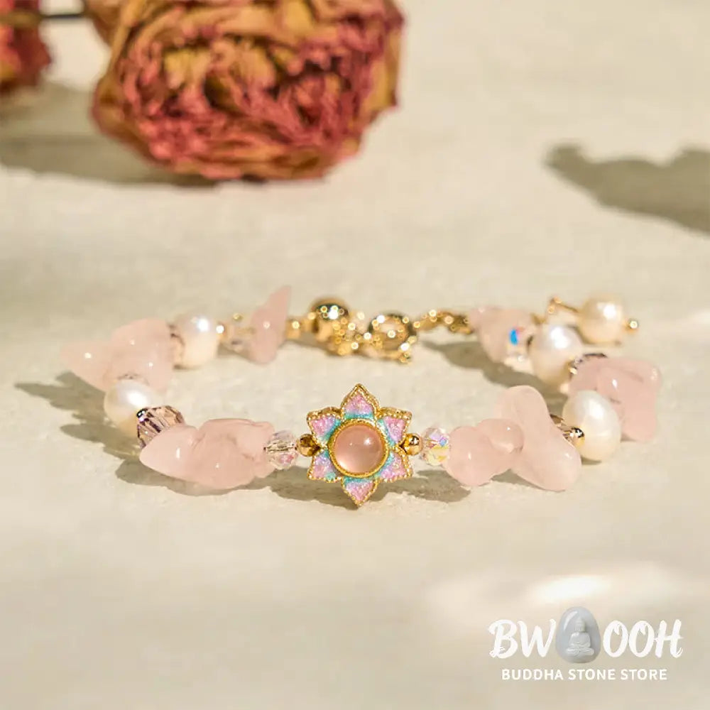 Buddha Stones Natural Gravel Rose Quartz Flower Pearl Healing Bracelet - BWOOOH - Rose Quartz(Wrist Circumference:
