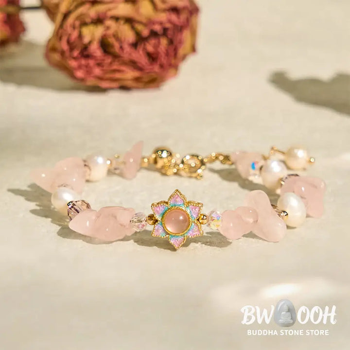 Buddha Stones Natural Gravel Rose Quartz Flower Pearl Healing Bracelet - BWOOOH - Rose Quartz(Wrist Circumference: