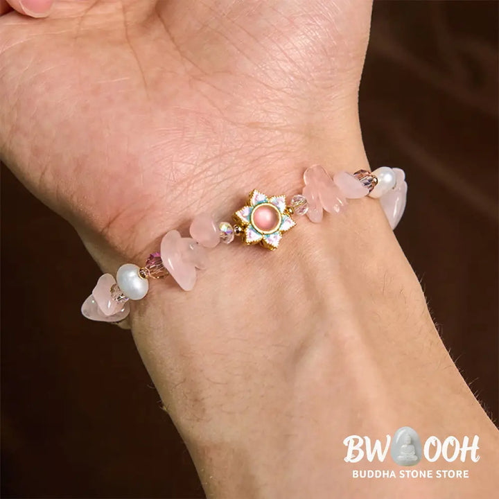 Buddha Stones Natural Gravel Rose Quartz Flower Pearl Healing Bracelet - BWOOOH - Rose Quartz(Wrist Circumference: