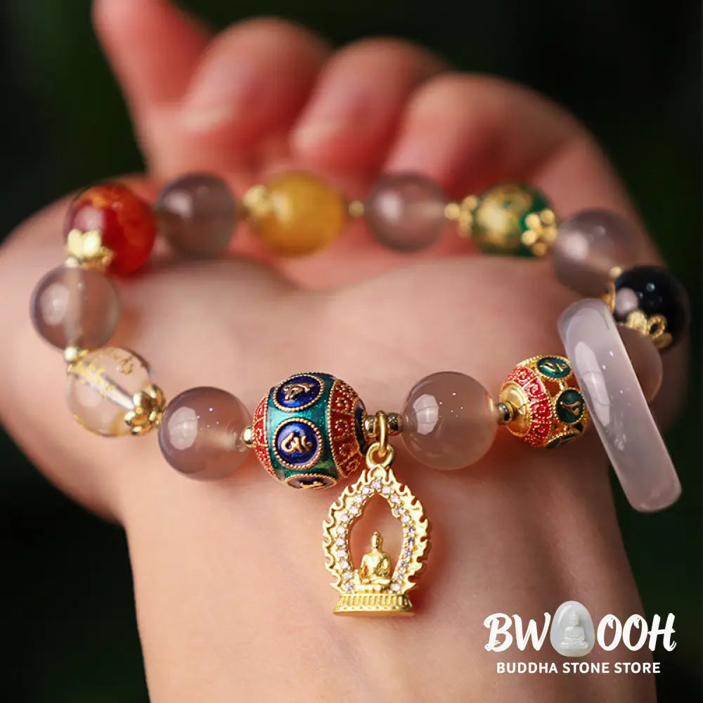 Buddha Stones Natural Gray Agate Five Directions Gods of Wealth Om Mani Padme Hum Buddha Charm Bracelet - BWOOOH - Gray