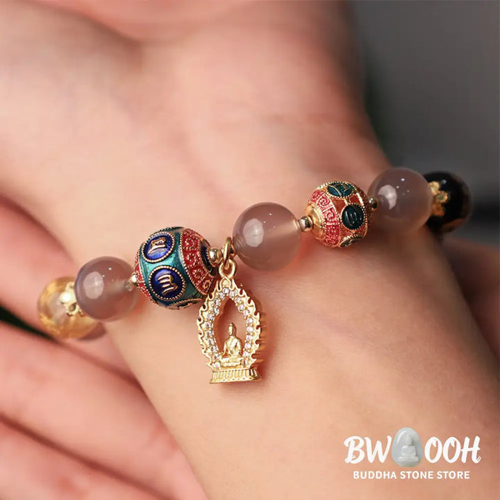 Buddha Stones Natural Gray Agate Five Directions Gods of Wealth Om Mani Padme Hum Buddha Charm Bracelet - BWOOOH - Gray