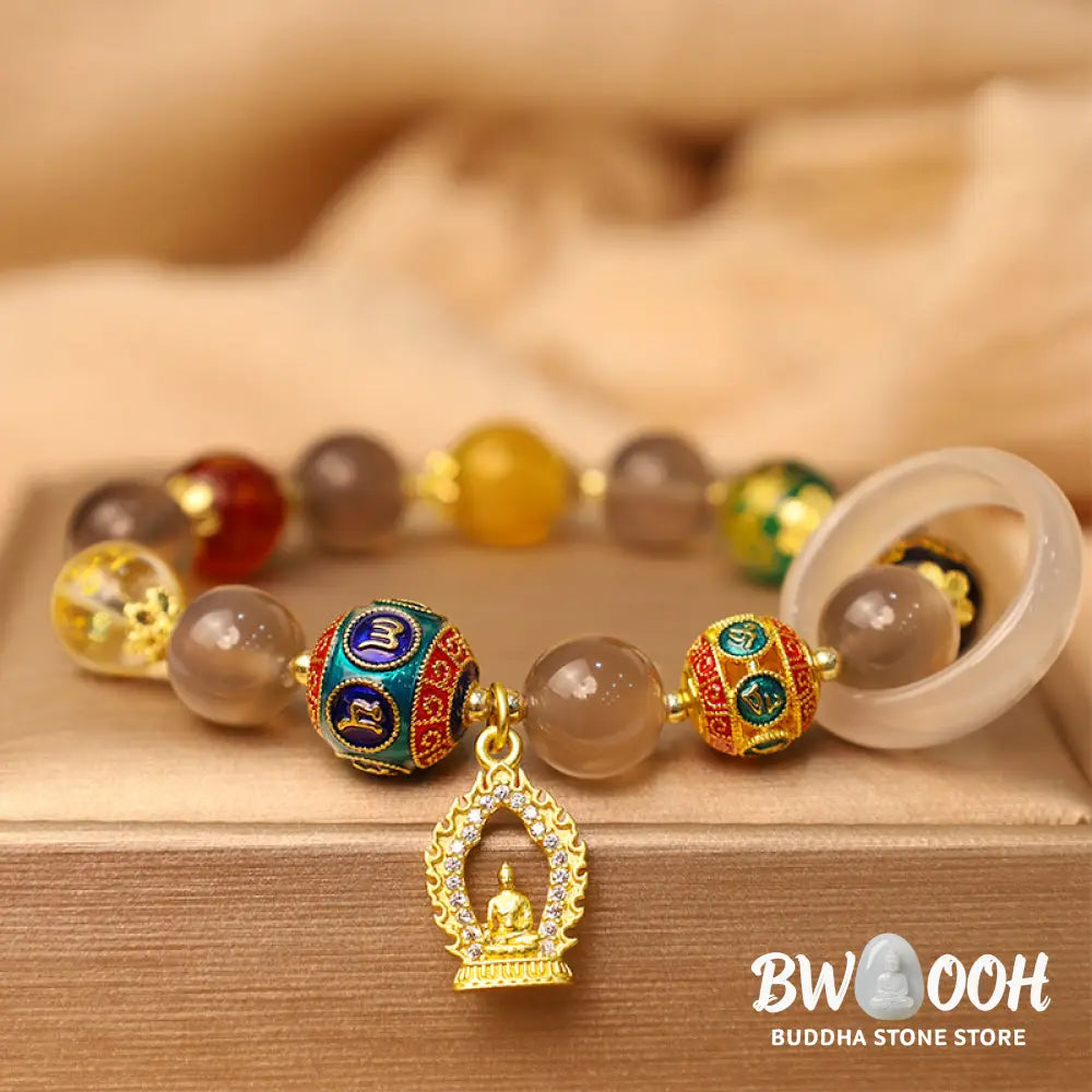 Buddha Stones Natural Gray Agate Five Directions Gods of Wealth Om Mani Padme Hum Buddha Charm Bracelet - BWOOOH - Gray