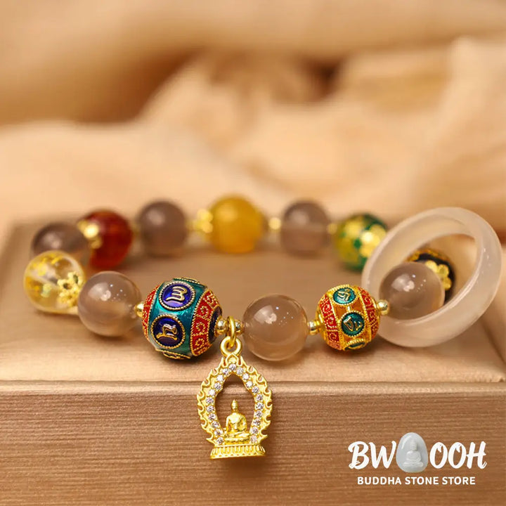 Buddha Stones Natural Gray Agate Five Directions Gods of Wealth Om Mani Padme Hum Buddha Charm Bracelet - BWOOOH - Gray