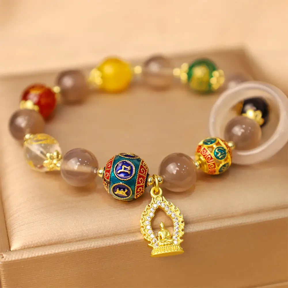 BWOOOH Natural Gray Agate Five Directions Gods of Wealth Om Mani Padme Hum Buddha Charm Bracelet - BWOOOH - Gray