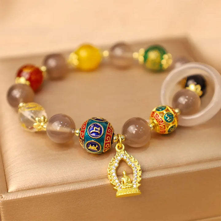 BWOOOH Natural Gray Agate Five Directions Gods of Wealth Om Mani Padme Hum Buddha Charm Bracelet - BWOOOH - Gray