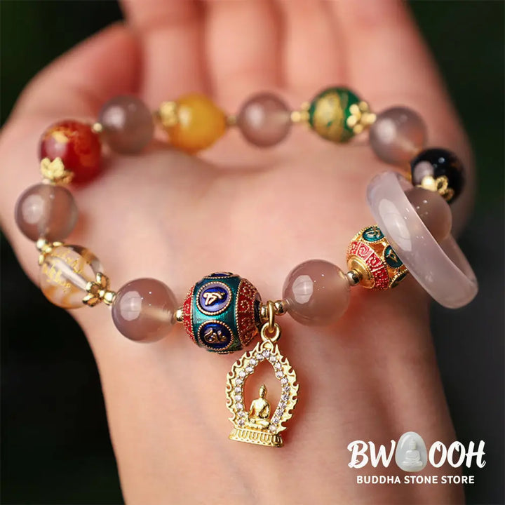 Buddha Stones Natural Gray Agate Five Directions Gods of Wealth Om Mani Padme Hum Buddha Charm Bracelet - BWOOOH - Gray