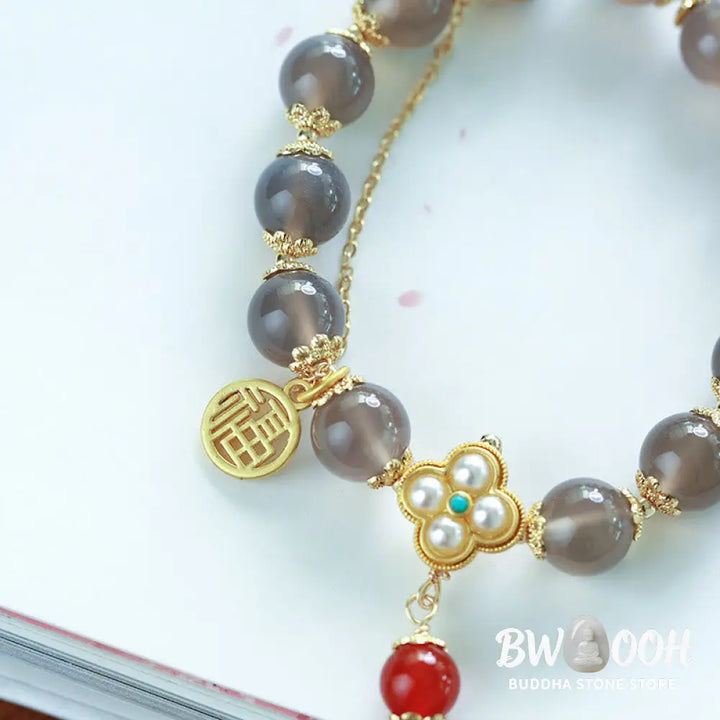 Buddha Stones Natural Gray Agate Fu Character Pearl Tassel Balance Bracelet - BWOOOH - Gray Agate(Focus♥Positivity)
