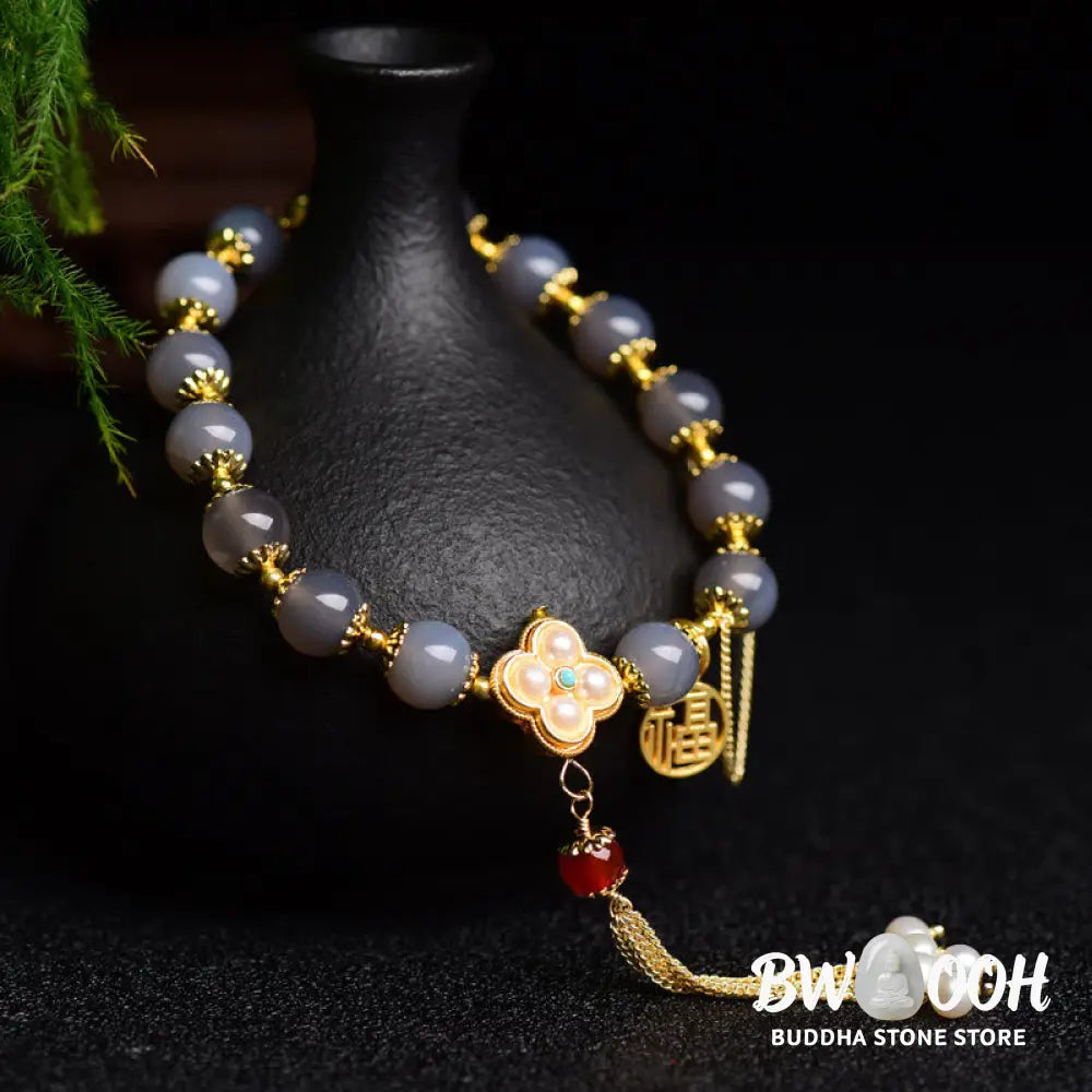 Buddha Stones Natural Gray Agate Fu Character Pearl Tassel Balance Bracelet - BWOOOH - Gray Agate(Focus♥Positivity)