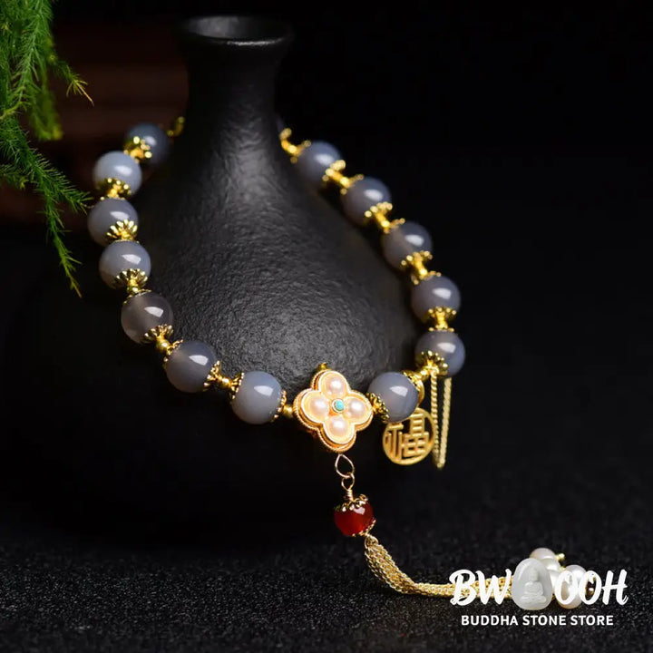 Buddha Stones Natural Gray Agate Fu Character Pearl Tassel Balance Bracelet - BWOOOH - Gray Agate(Focus♥Positivity)