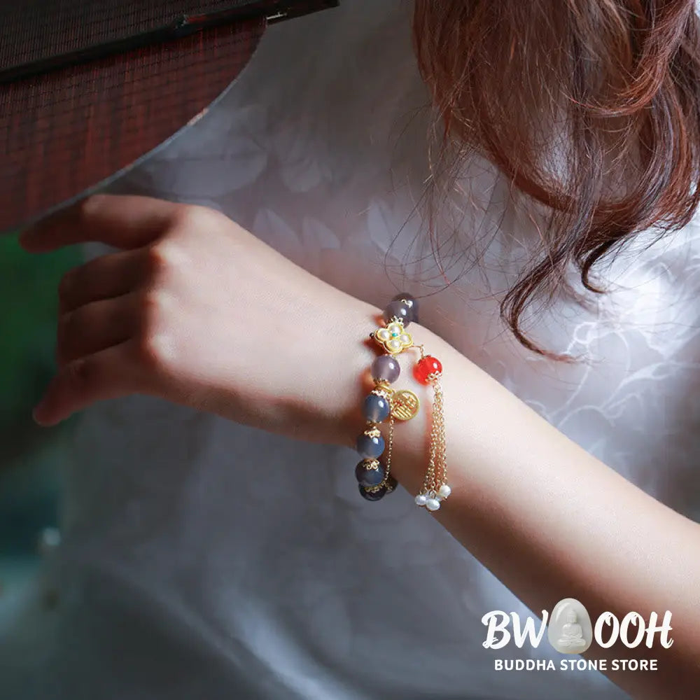 Buddha Stones Natural Gray Agate Fu Character Pearl Tassel Balance Bracelet - BWOOOH - Gray Agate(Focus♥Positivity)