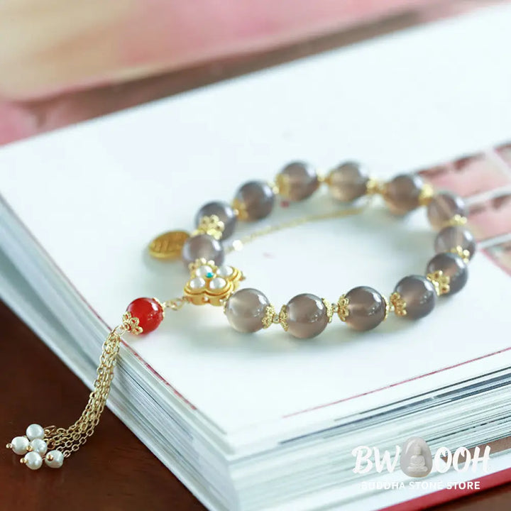 Buddha Stones Natural Gray Agate Fu Character Pearl Tassel Balance Bracelet - BWOOOH - Gray Agate(Focus♥Positivity)