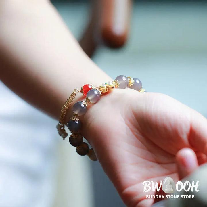 Buddha Stones Natural Gray Agate Fu Character Pearl Tassel Balance Bracelet - BWOOOH - Gray Agate(Focus♥Positivity)