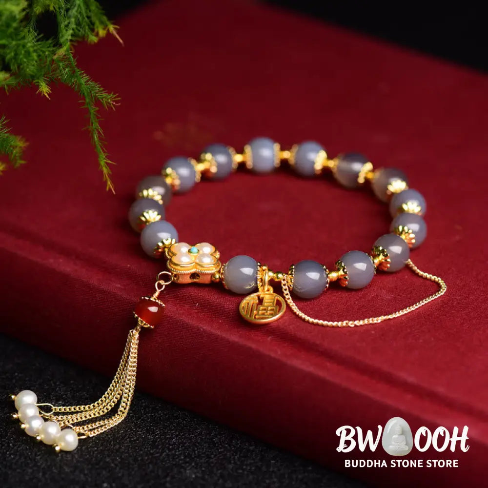 Buddha Stones Natural Gray Agate Fu Character Pearl Tassel Balance Bracelet - BWOOOH - Gray Agate(Focus♥Positivity)