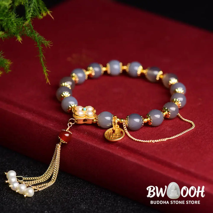 Buddha Stones Natural Gray Agate Fu Character Pearl Tassel Balance Bracelet - BWOOOH - Gray Agate(Focus♥Positivity)
