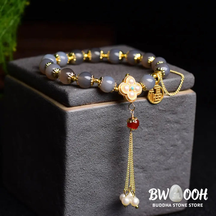 Buddha Stones Natural Gray Agate Fu Character Pearl Tassel Balance Bracelet - BWOOOH - Gray Agate(Focus♥Positivity)