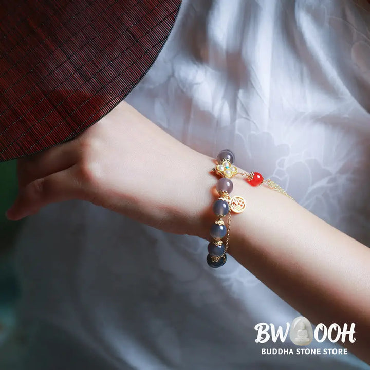 Buddha Stones Natural Gray Agate Fu Character Pearl Tassel Balance Bracelet - BWOOOH - Gray Agate(Focus♥Positivity)