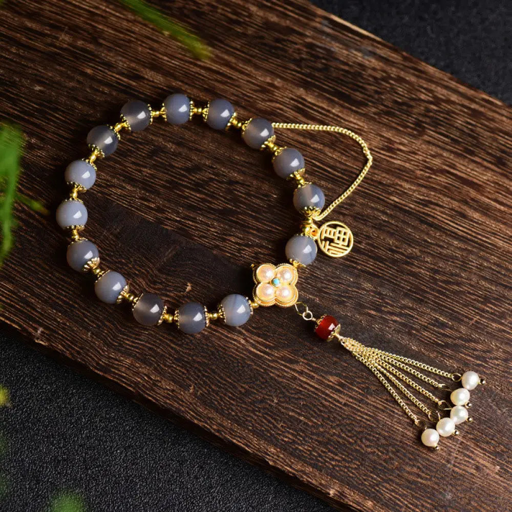 BWOOOH Natural Gray Agate Fu Character Pearl Tassel Balance Bracelet - BWOOOH - Gray Agate(Focus♥Positivity)