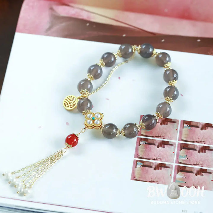 Buddha Stones Natural Gray Agate Fu Character Pearl Tassel Balance Bracelet - BWOOOH - Gray Agate(Focus♥Positivity)