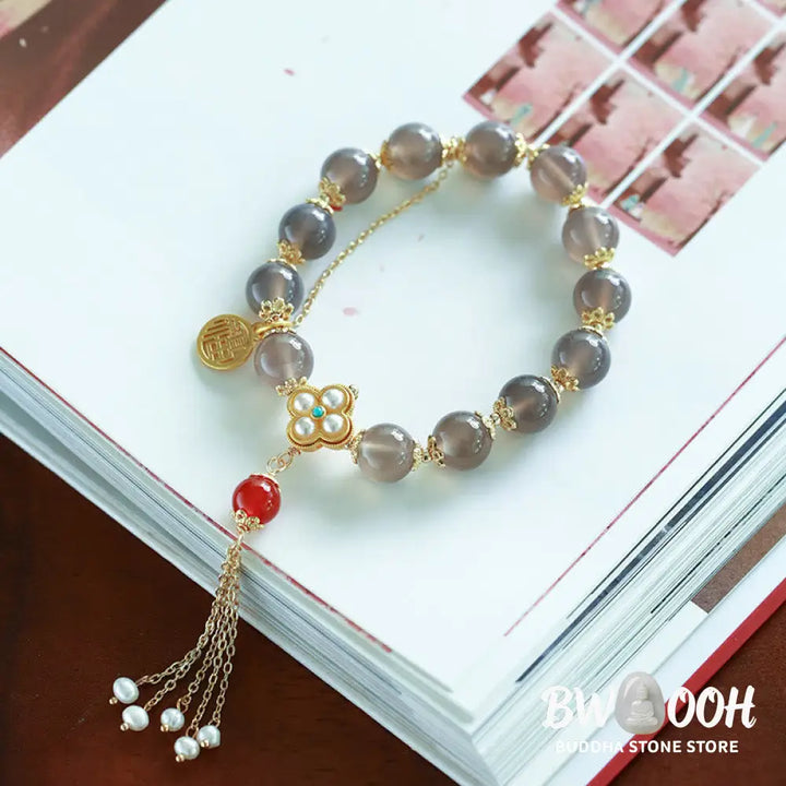 Buddha Stones Natural Gray Agate Fu Character Pearl Tassel Balance Bracelet - BWOOOH - Gray Agate(Focus♥Positivity)