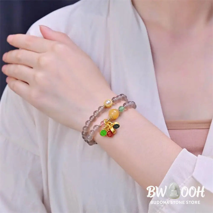 Buddha Stones Natural Gray Agate Peace And Joy Charm Balance Double Wrap Bracelet - BWOOOH - Gray