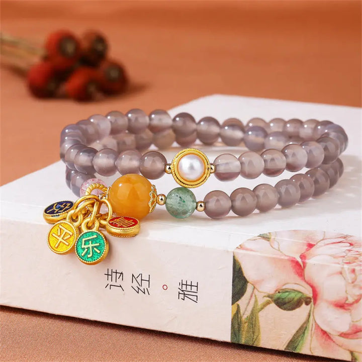 BWOOOH Natural Gray Agate Peace And Joy Charm Balance Double Wrap Bracelet - BWOOOH - Gray