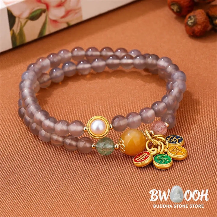 Buddha Stones Natural Gray Agate Peace And Joy Charm Balance Double Wrap Bracelet - BWOOOH - Gray