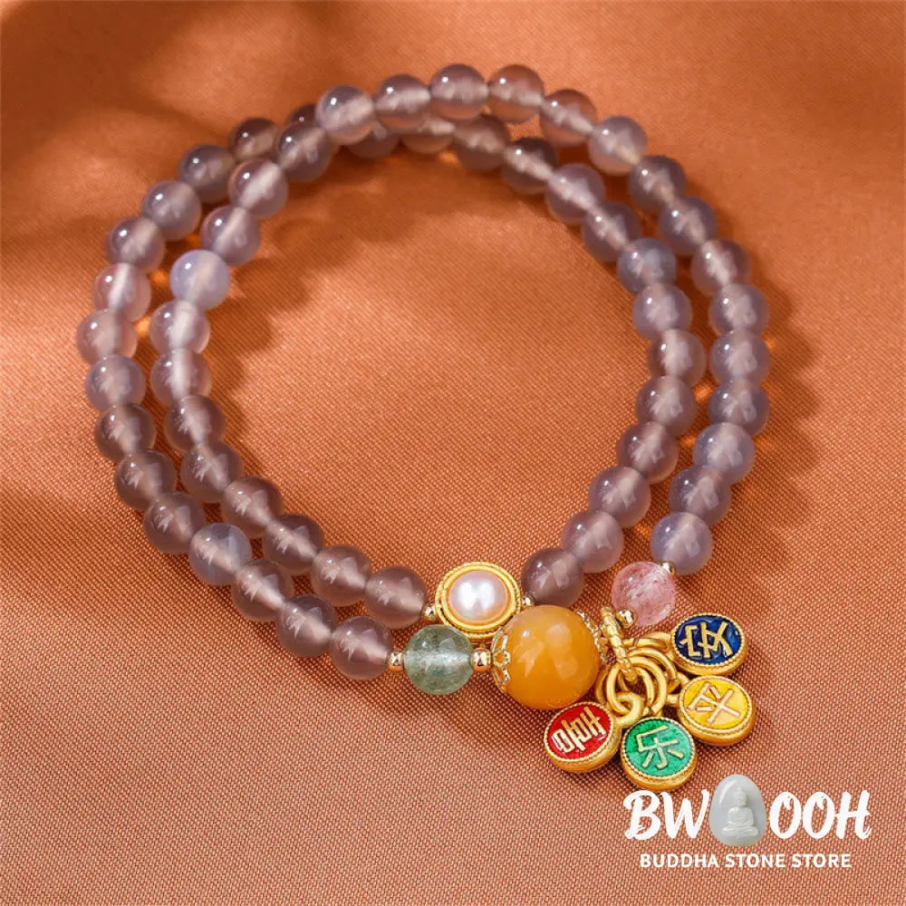 Buddha Stones Natural Gray Agate Peace And Joy Charm Balance Double Wrap Bracelet - BWOOOH - Gray