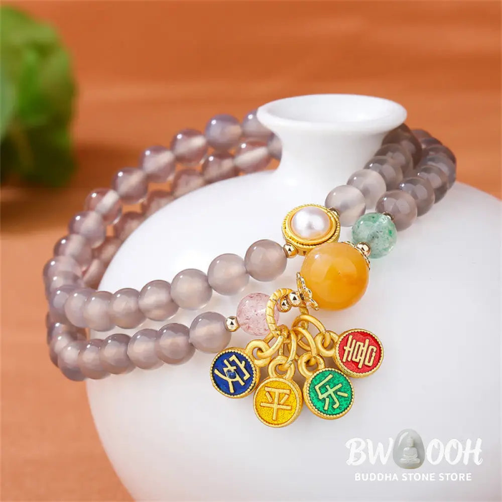 Buddha Stones Natural Gray Agate Peace And Joy Charm Balance Double Wrap Bracelet - BWOOOH - Gray