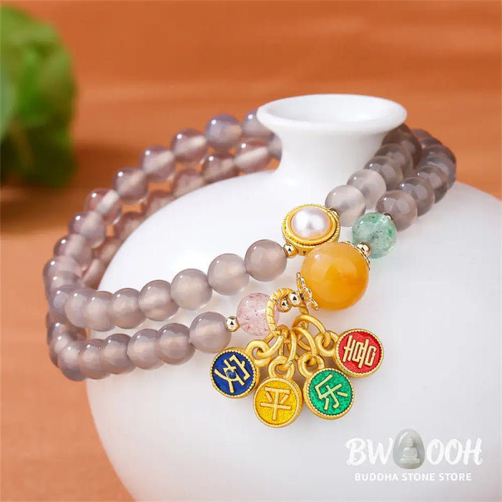 Buddha Stones Natural Gray Agate Peace And Joy Charm Balance Double Wrap Bracelet - BWOOOH - Gray