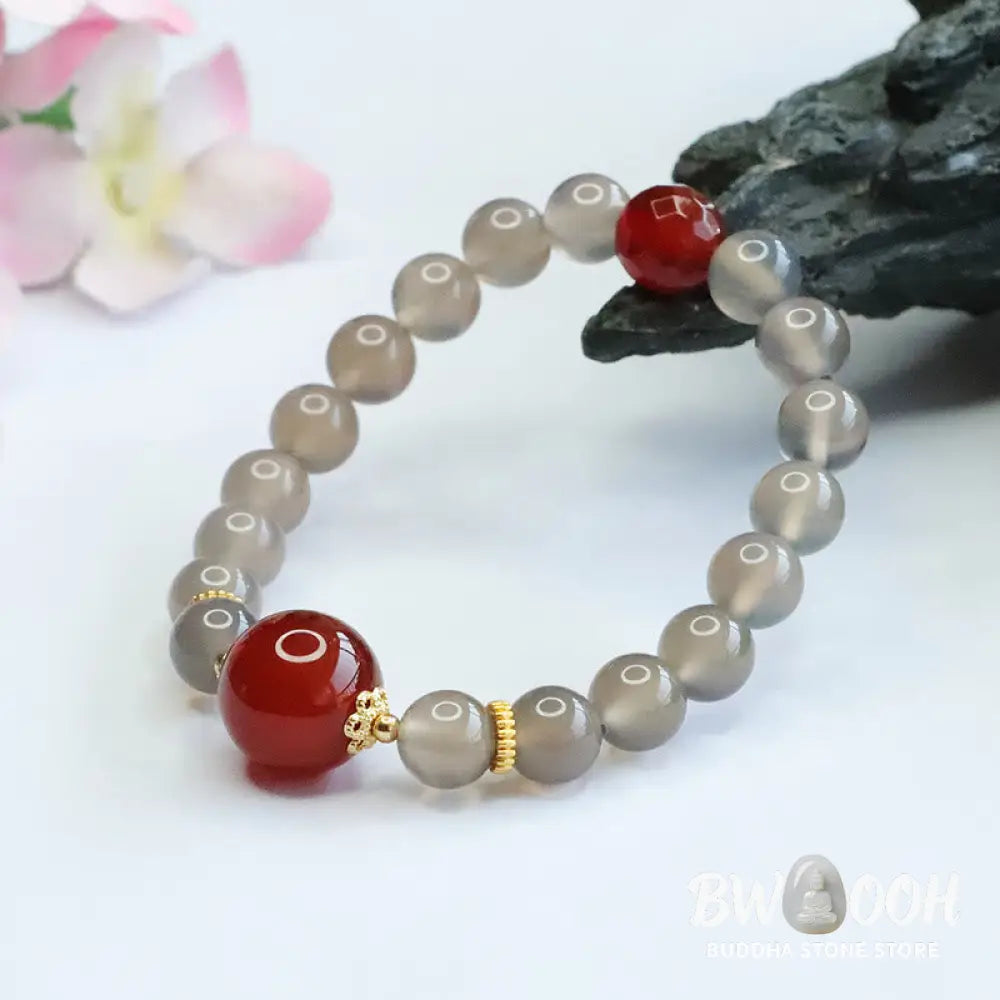Buddha Stones Natural Gray Chalcedony Red Agate Harmony Bracelet - BWOOOH - Gray Chalcedony - Bracelet