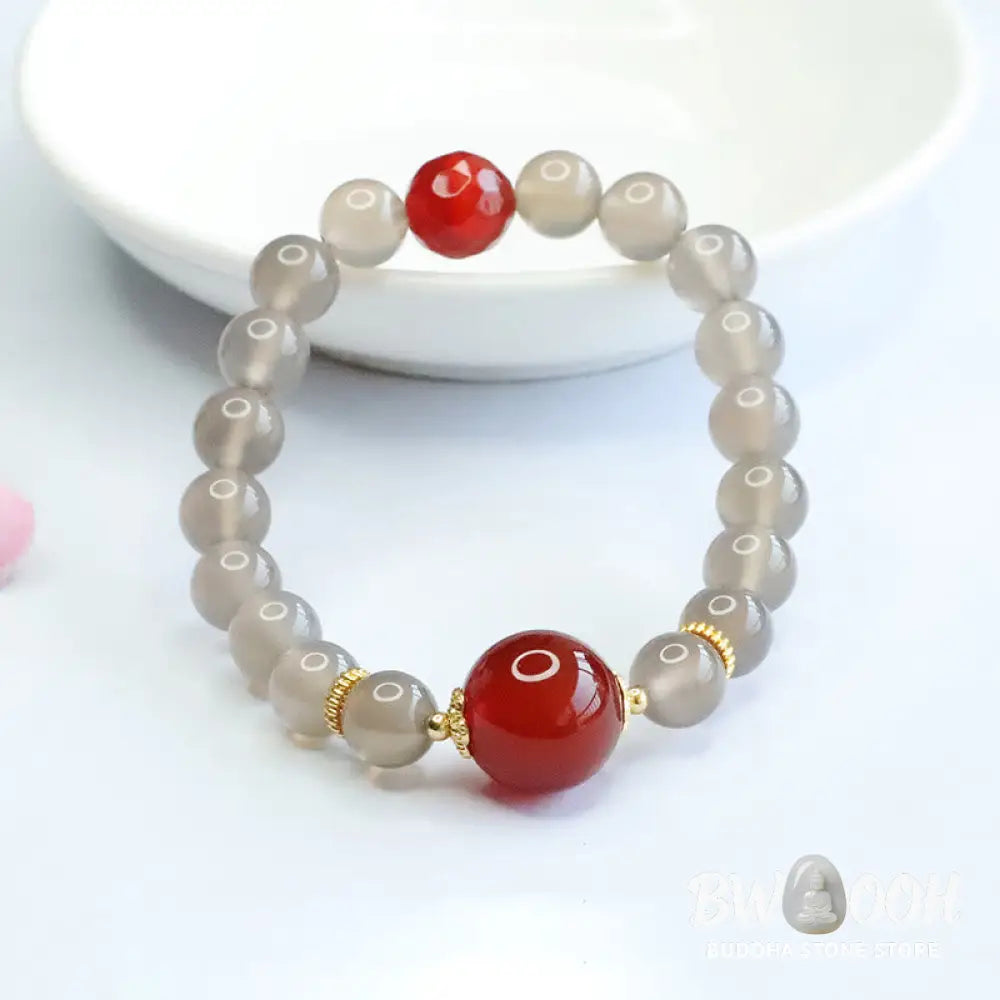 Buddha Stones Natural Gray Chalcedony Red Agate Harmony Bracelet - BWOOOH - Gray Chalcedony - Bracelet