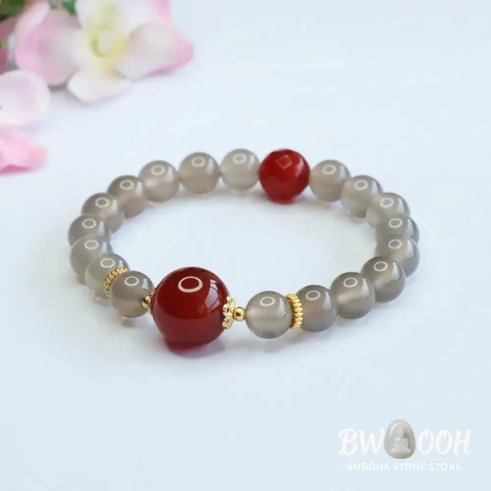 Buddha Stones Natural Gray Chalcedony Red Agate Harmony Bracelet - BWOOOH - Gray Chalcedony - Bracelet
