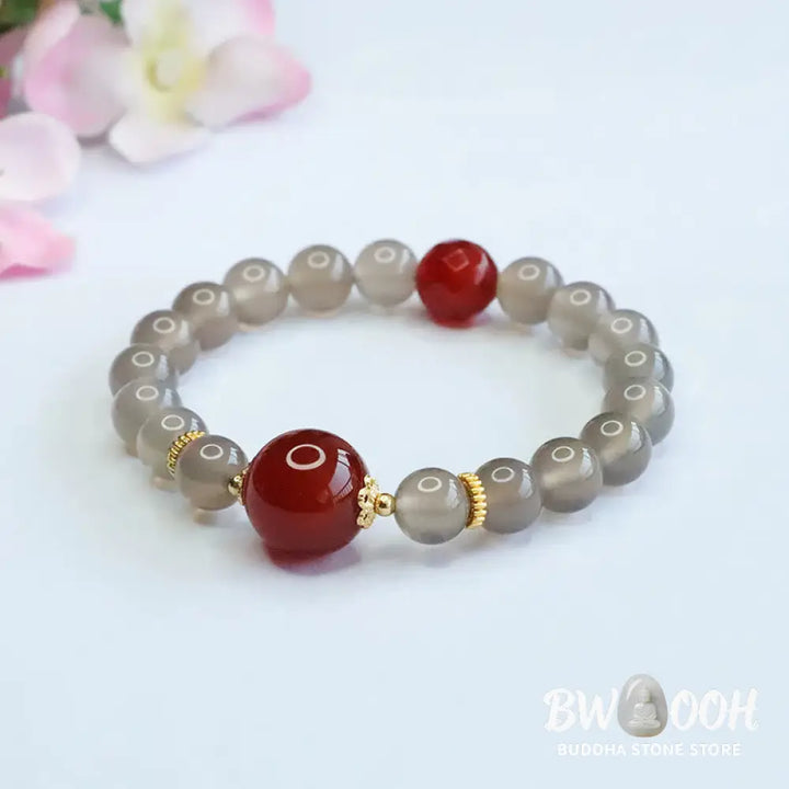 Buddha Stones Natural Gray Chalcedony Red Agate Harmony Bracelet - BWOOOH - Gray Chalcedony - Bracelet