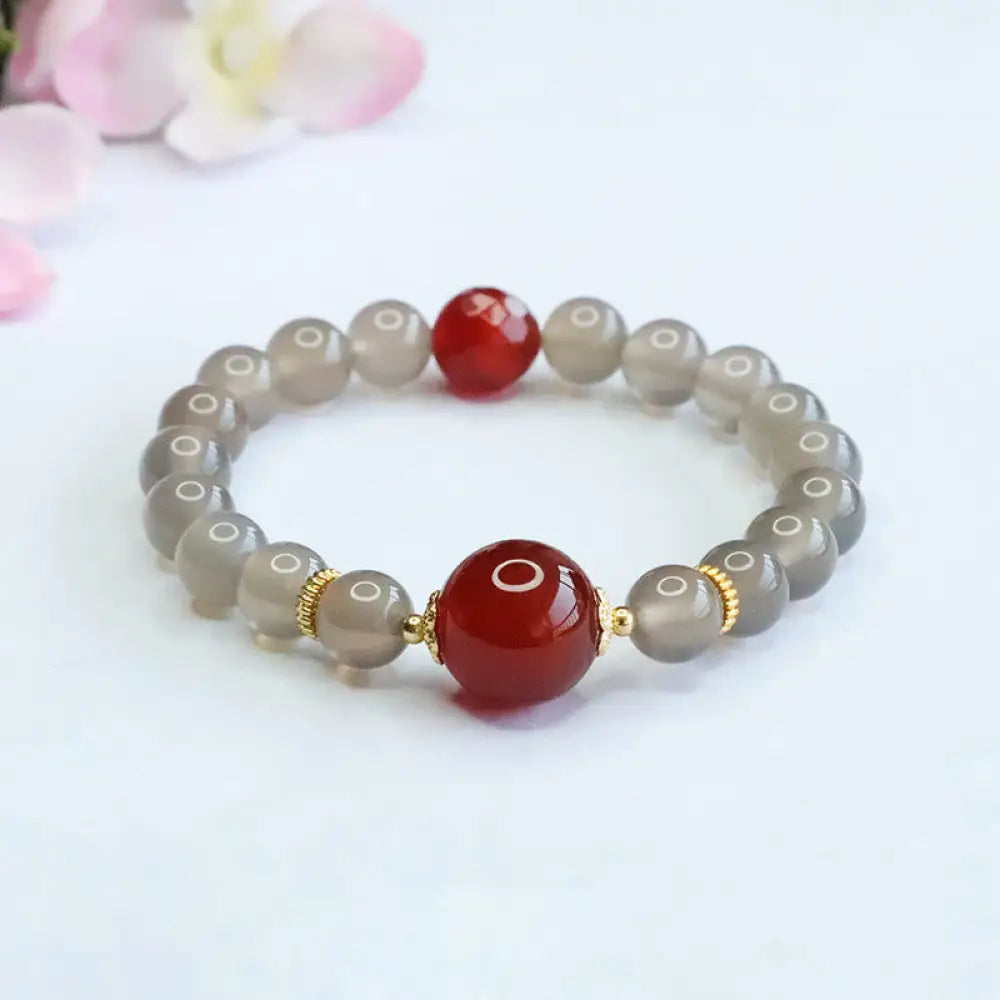 Buddha Stones Natural Gray Chalcedony Red Agate Harmony Bracelet - BWOOOH - Gray Chalcedony - Bracelet