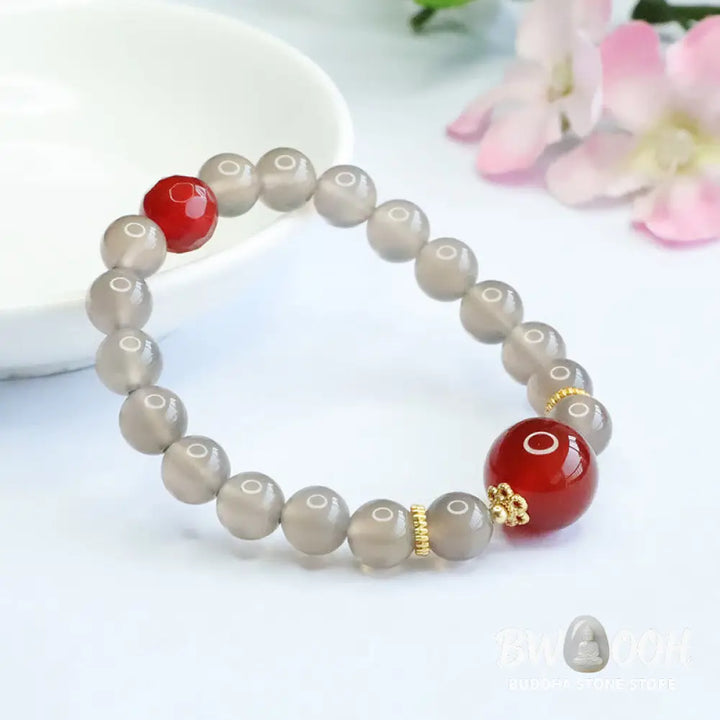 Buddha Stones Natural Gray Chalcedony Red Agate Harmony Bracelet - BWOOOH - Gray Chalcedony - Bracelet