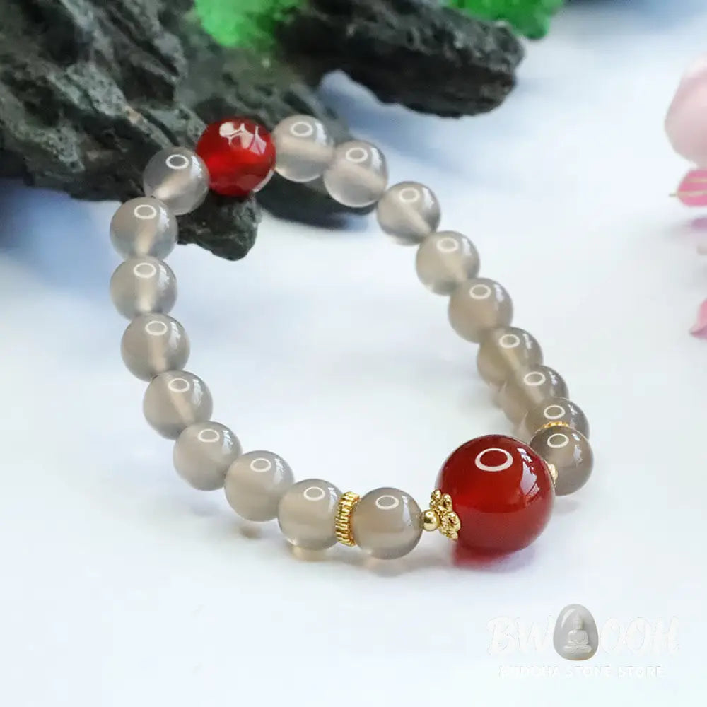 Buddha Stones Natural Gray Chalcedony Red Agate Harmony Bracelet - BWOOOH - Gray Chalcedony - Bracelet