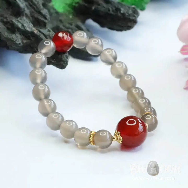 Buddha Stones Natural Gray Chalcedony Red Agate Harmony Bracelet - BWOOOH - Gray Chalcedony - Bracelet